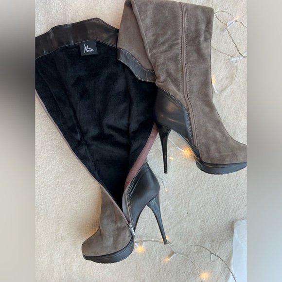 Italian Designer Suede Brown Green Khaki Knee High Fur Boots Platform High Heels - Picture 7 of 14